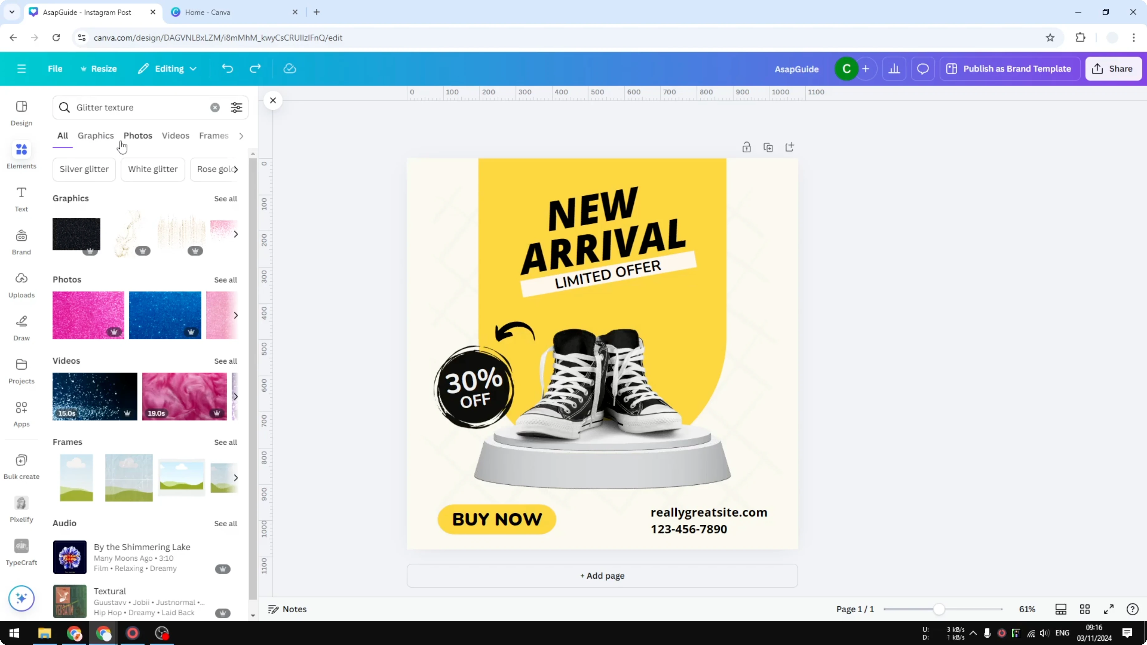 Screenshot from How to Add Glitter Background in Canva at 46s