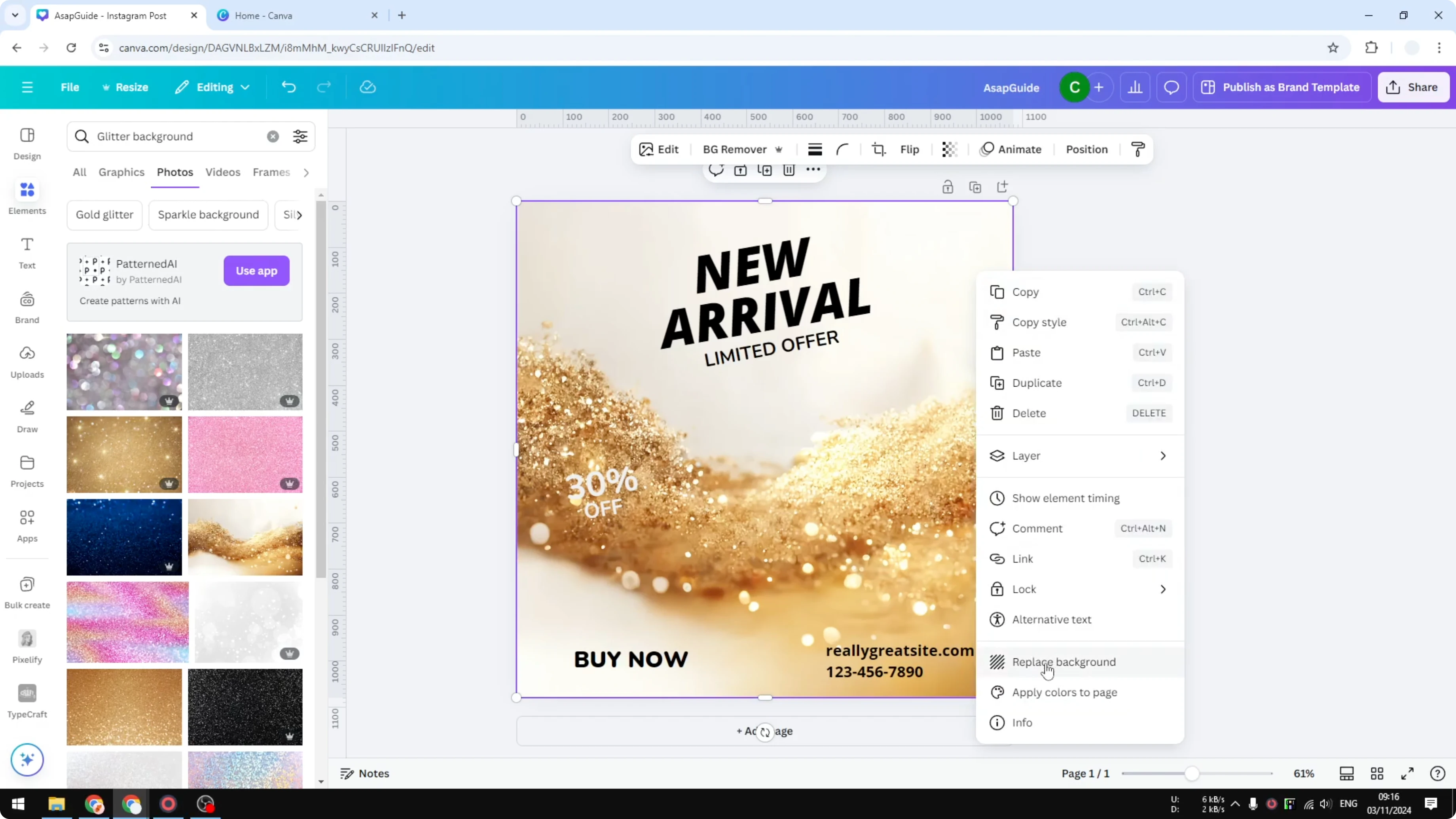 Screenshot from How to Add Glitter Background in Canva at 88s