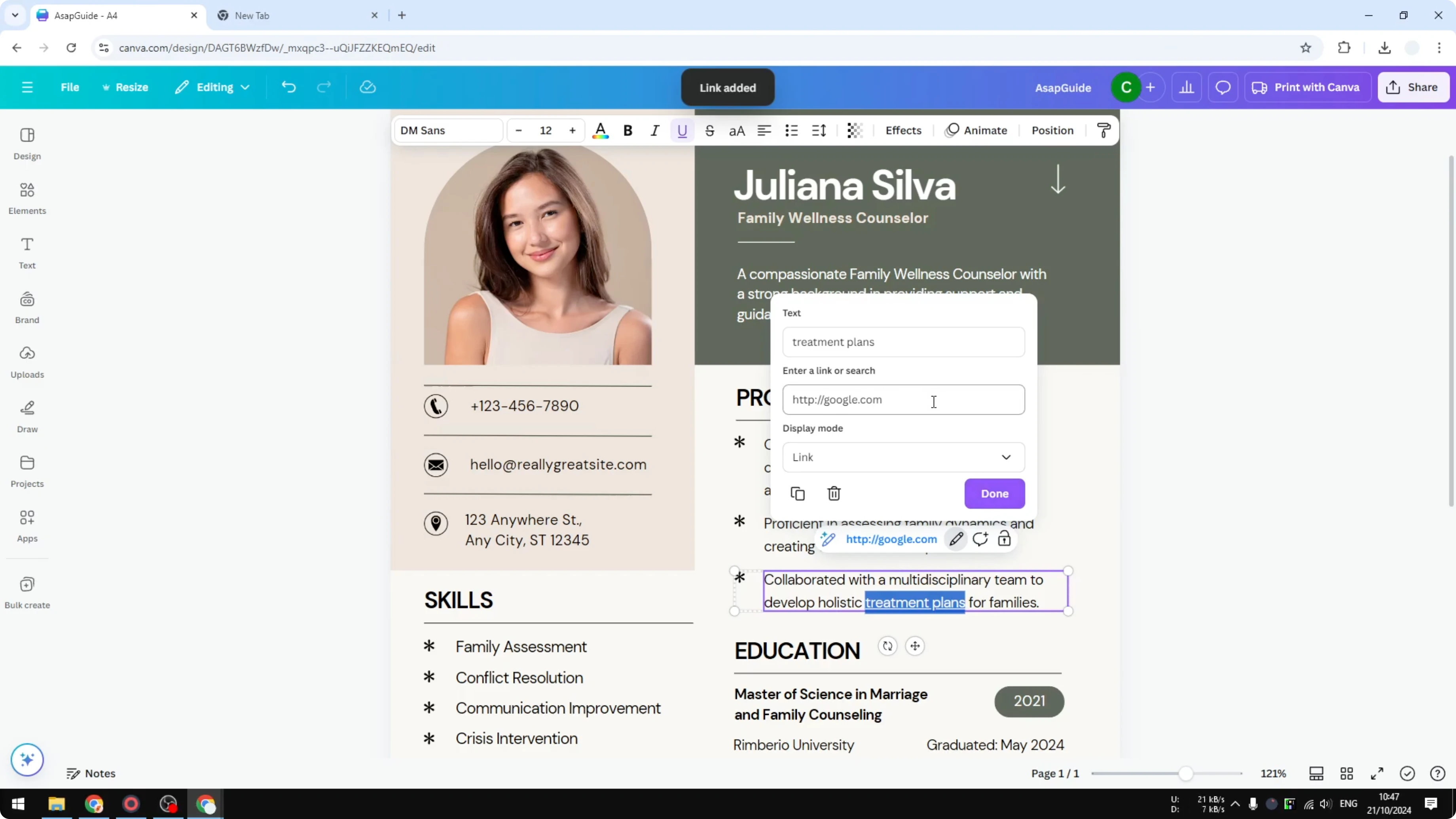 Screenshot from How to Add Hyperlinks in Canva Resume at 56s