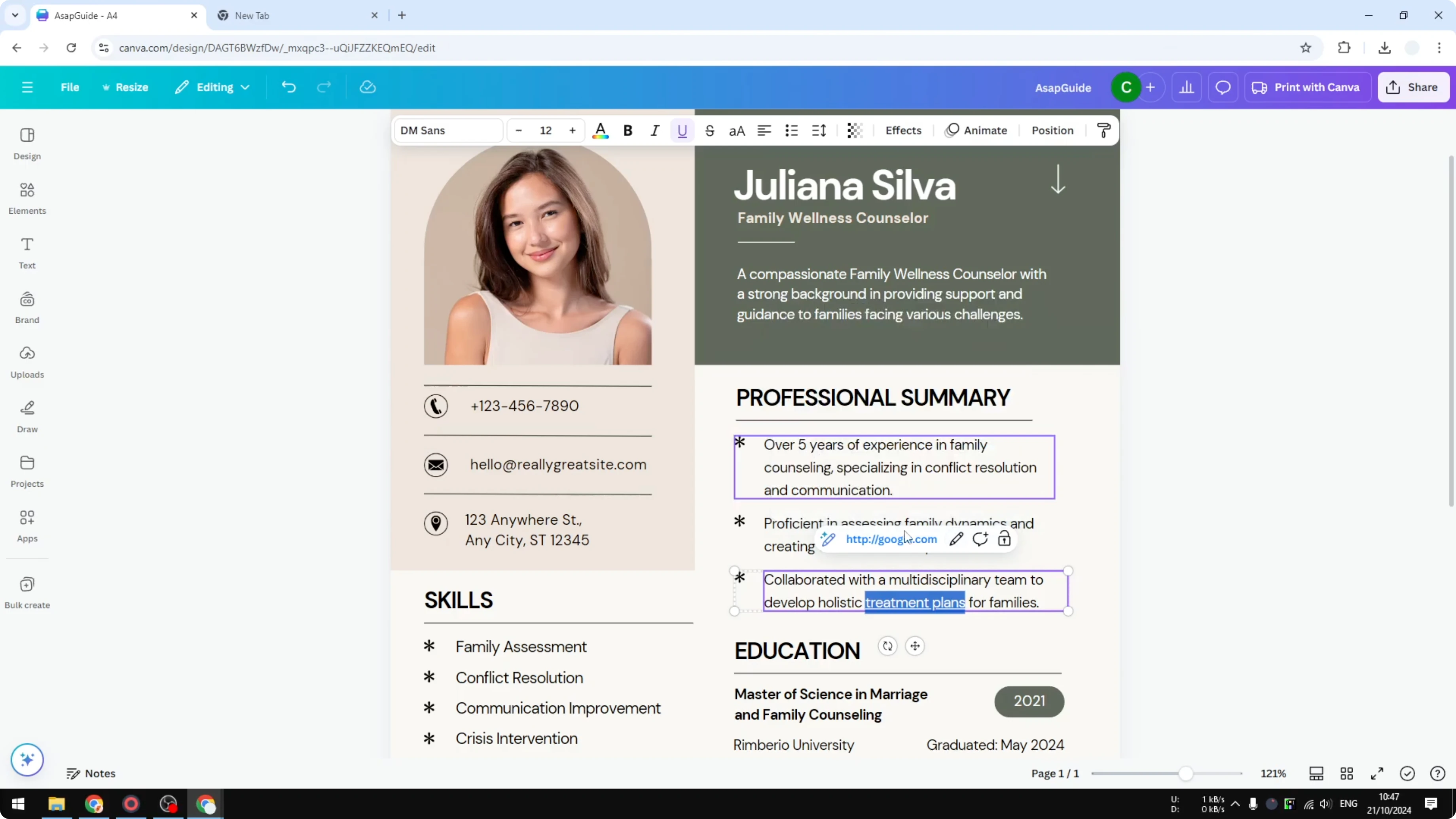 Screenshot from How to Add Hyperlinks in Canva Resume at 61s