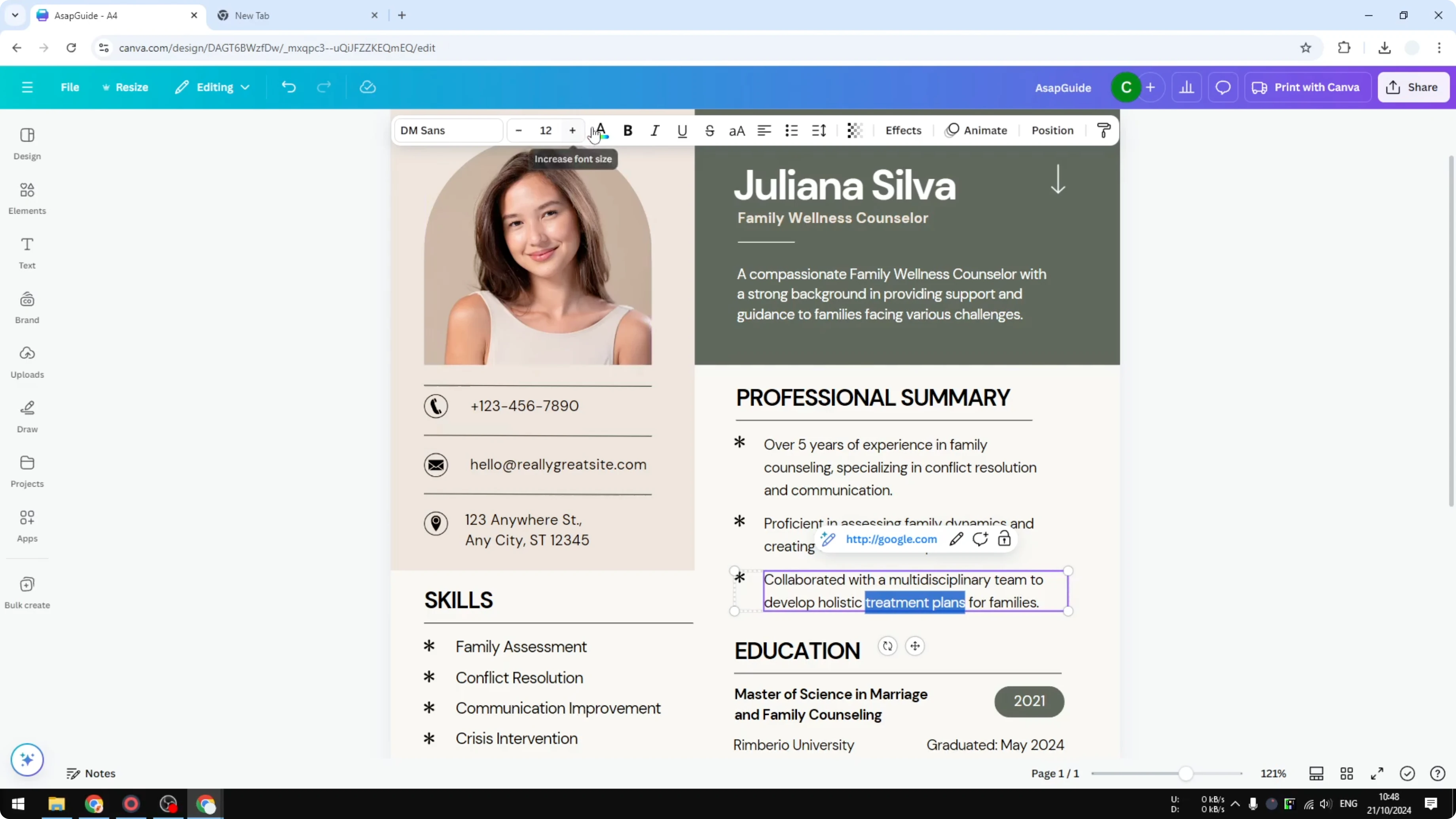 Screenshot from How to Add Hyperlinks in Canva Resume at 87s