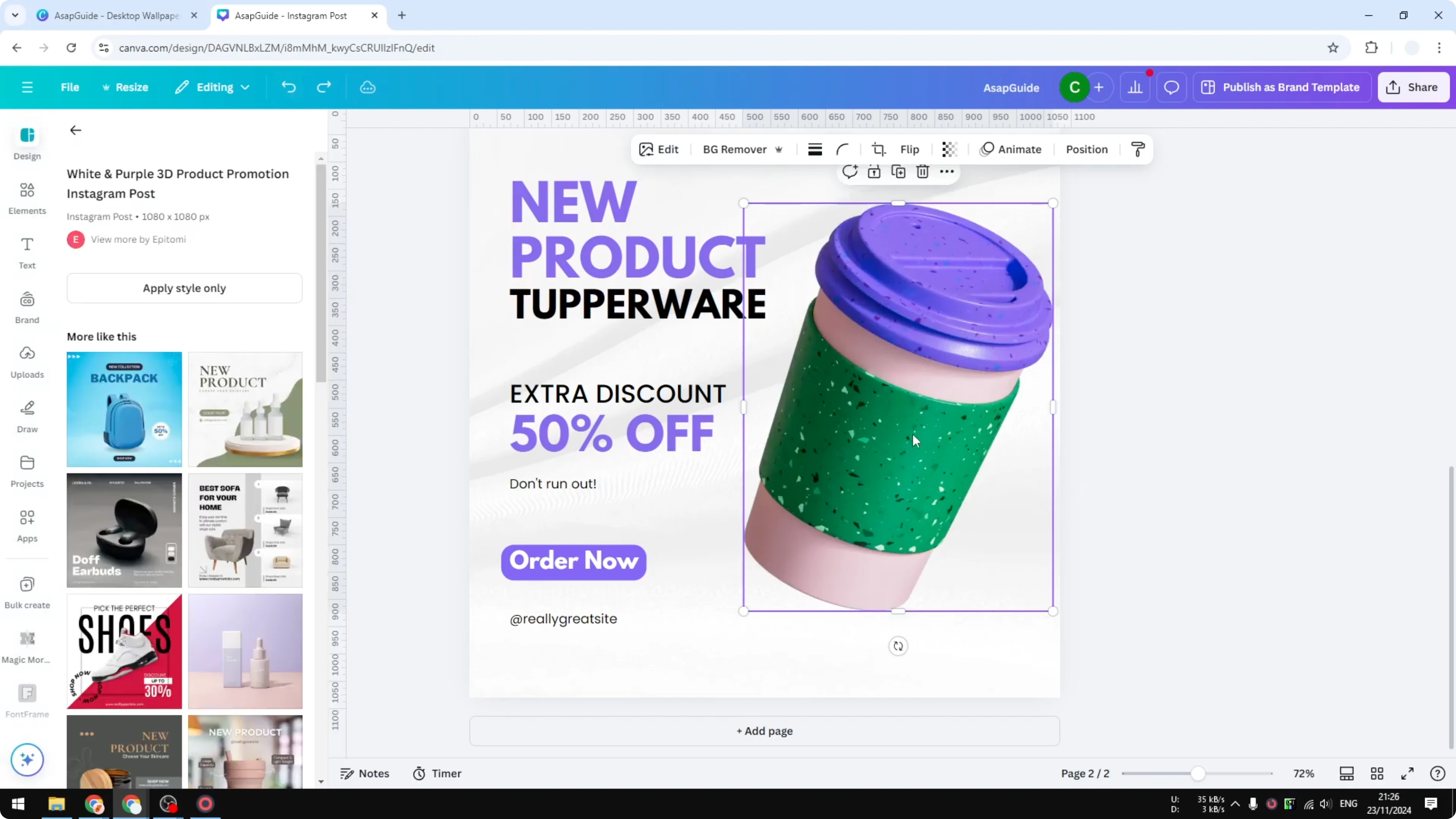 Screenshot from How to Add Shadow to Product Images in Canva at 124s