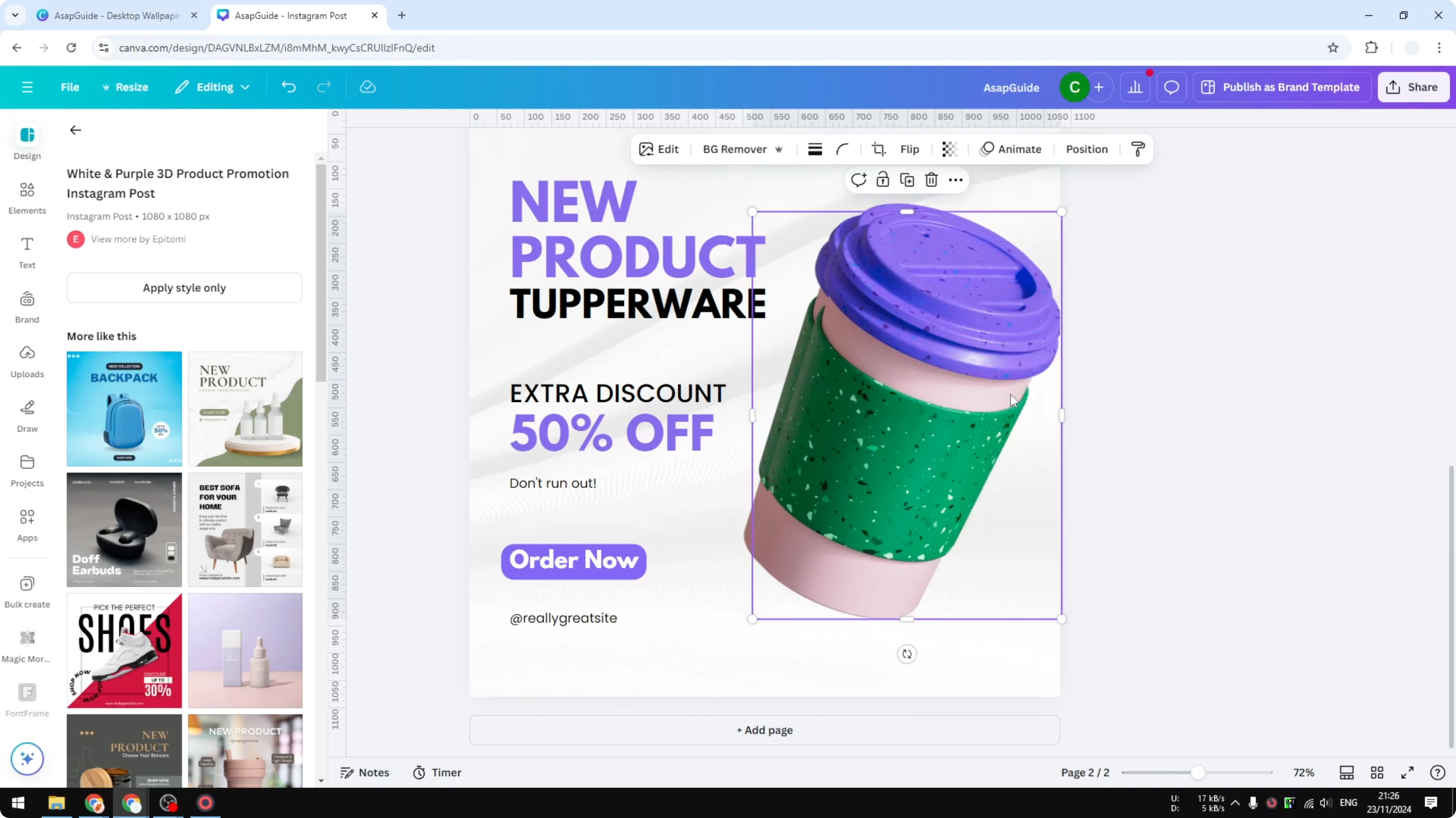 Screenshot from How to Add Shadow to Product Images in Canva at 134s