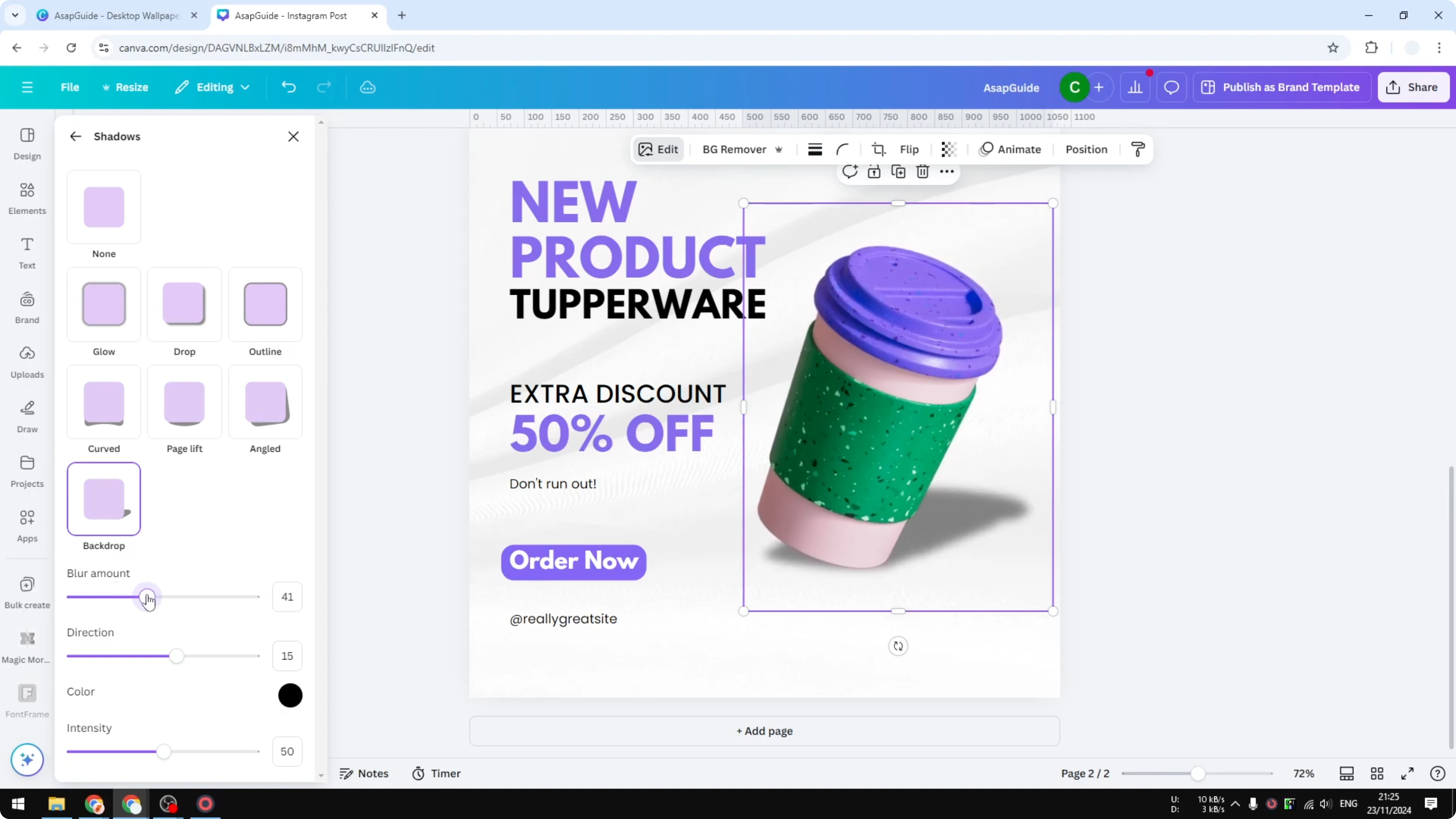 Screenshot from How to Add Shadow to Product Images in Canva at 75s