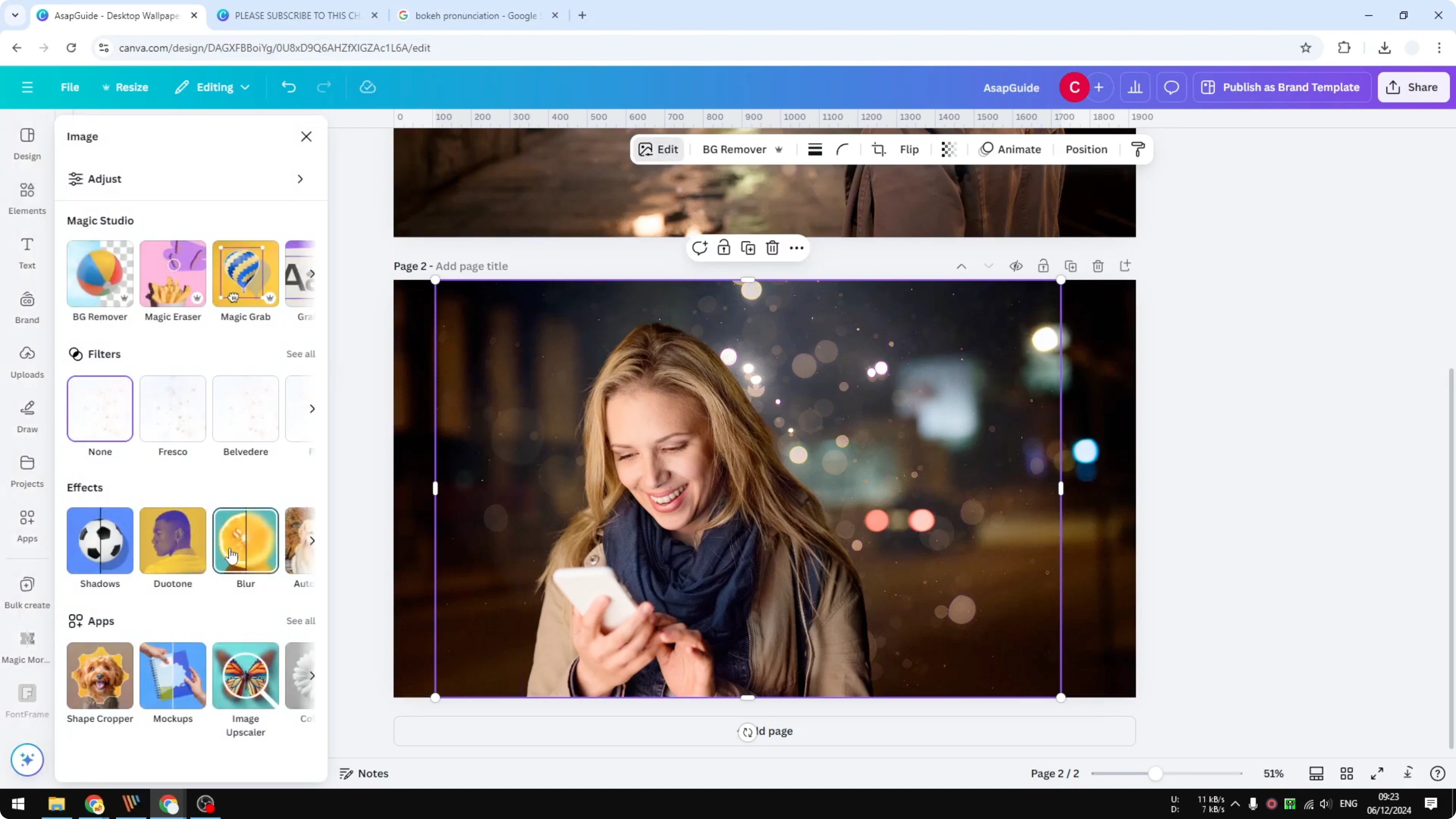 Screenshot from How to Create a Bokeh Effect in Canva at 120s