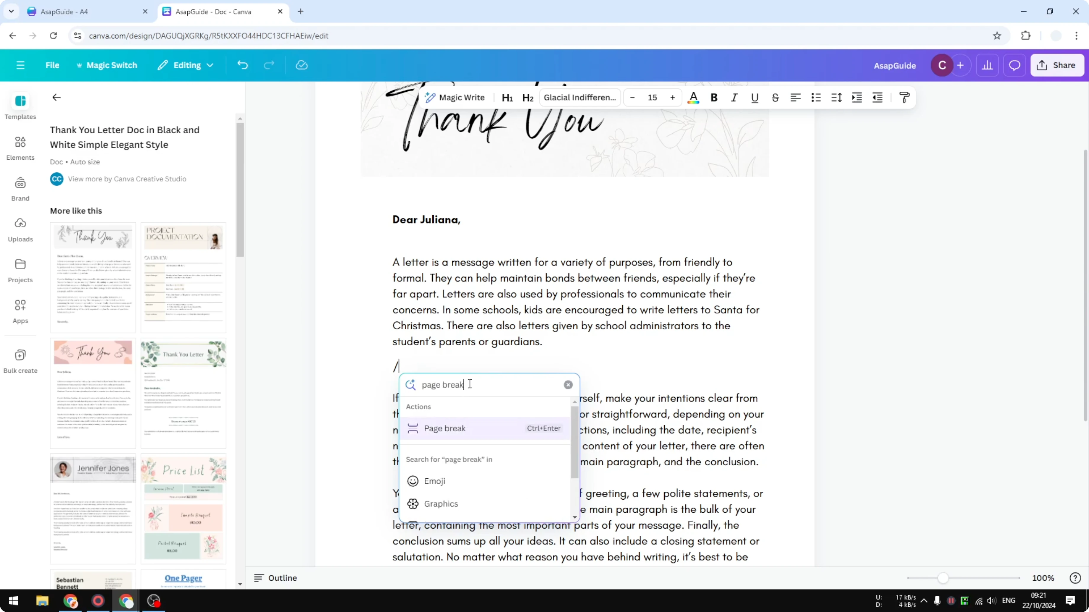 Screenshot from How to Create a Pagebreak in Canva Docs at 73s