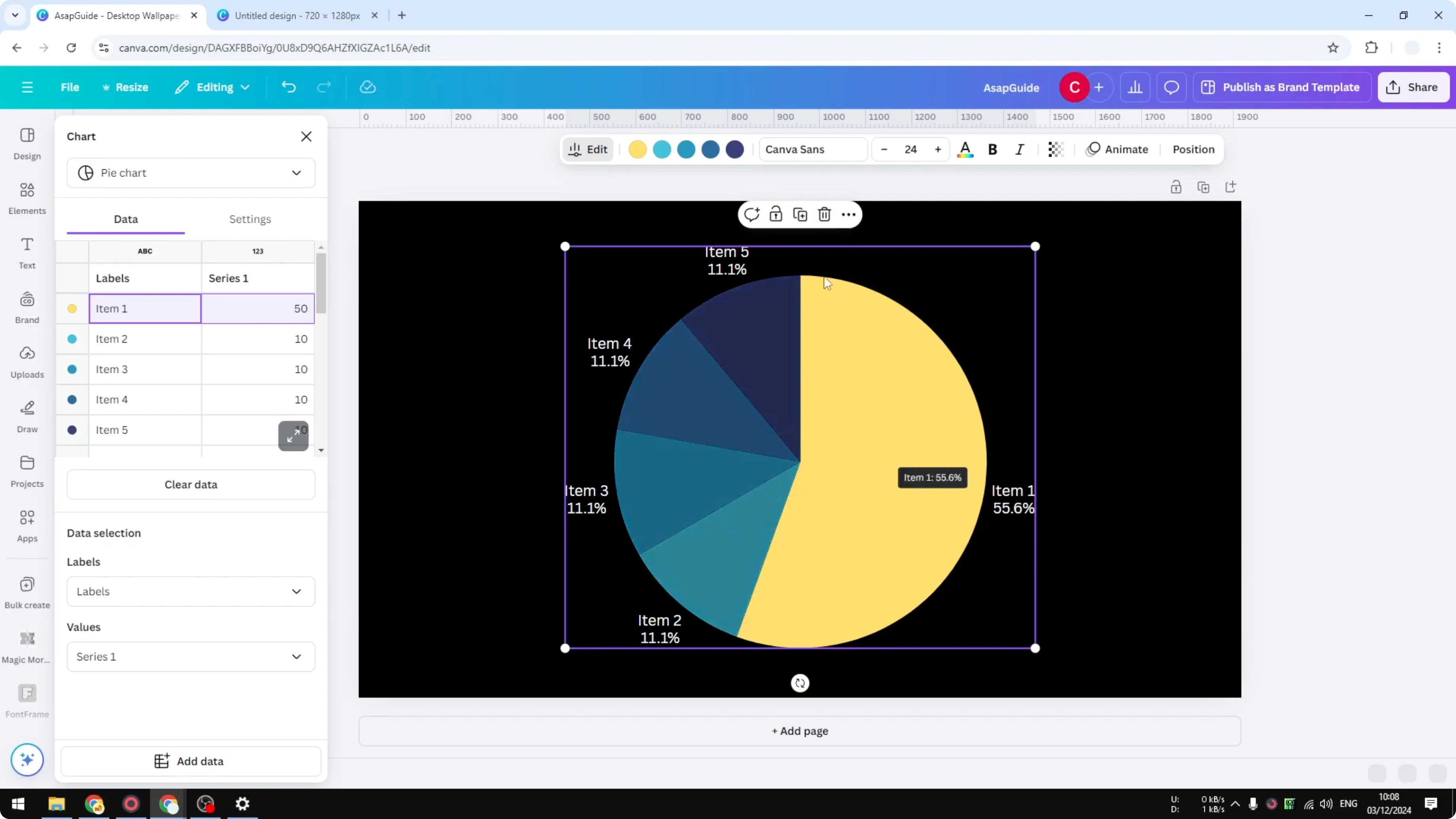 Screenshot from How to Create a Pie Chart in Canva at 150s