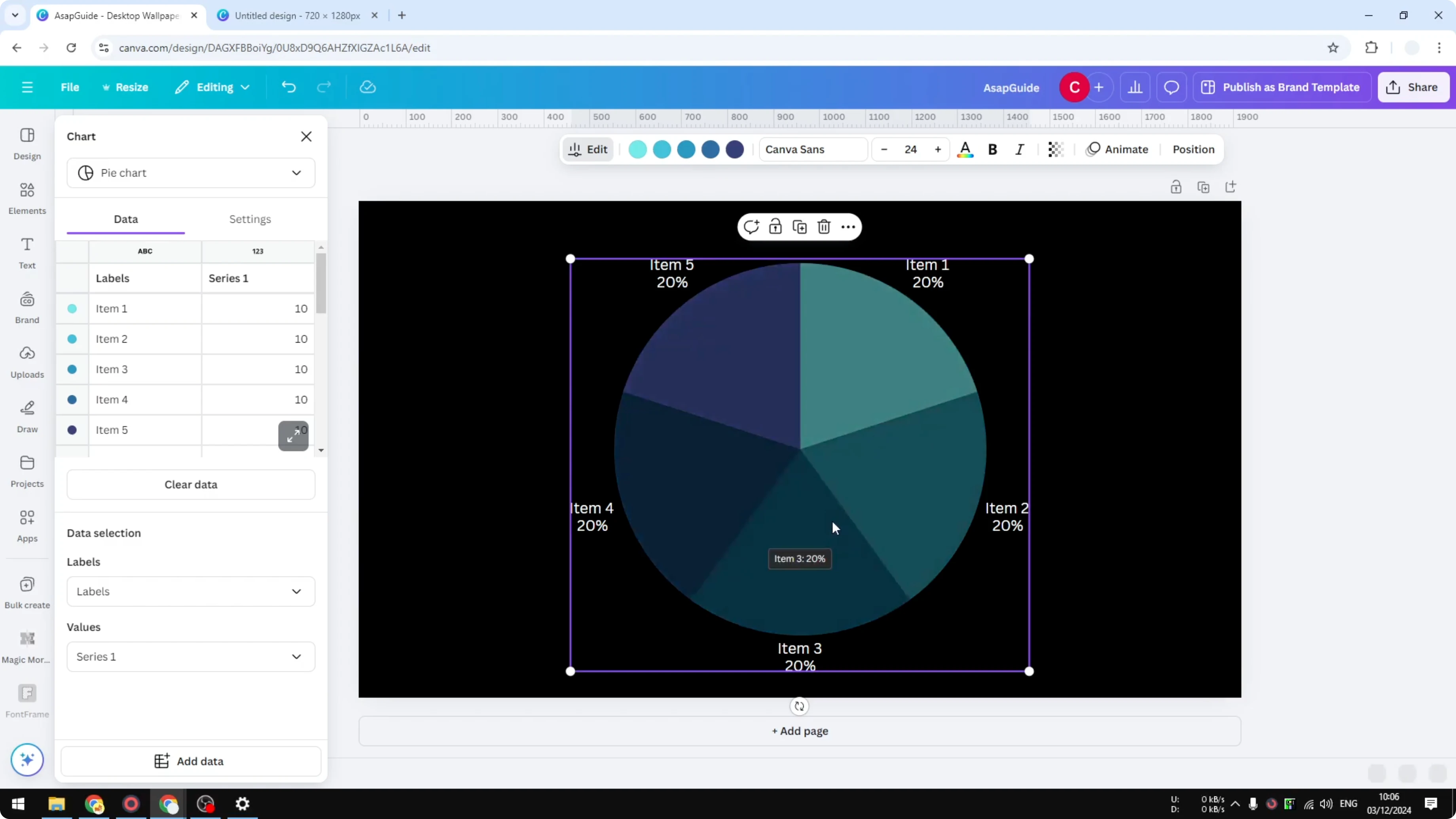Screenshot from How to Create a Pie Chart in Canva at 32s