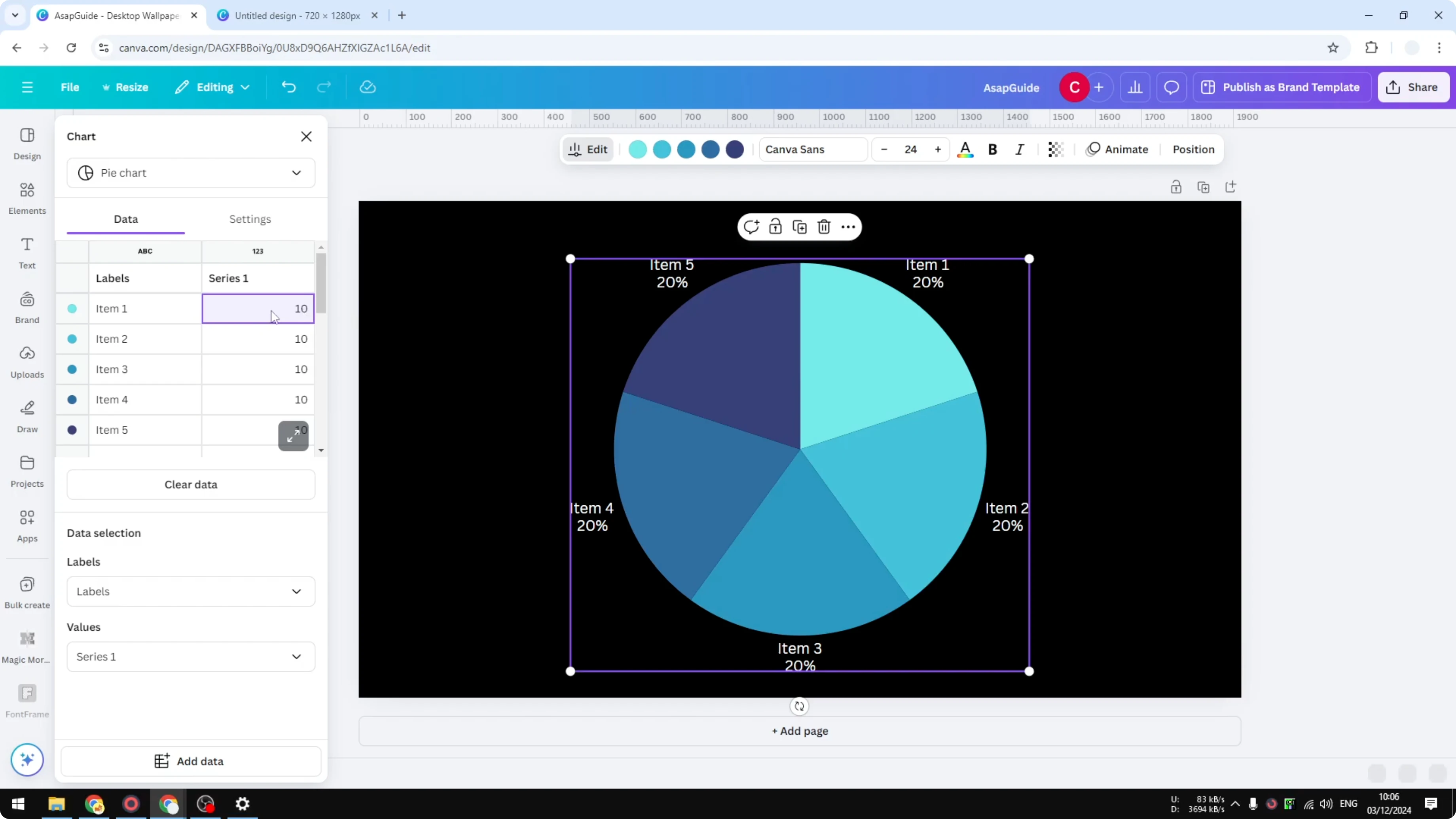 Screenshot from How to Create a Pie Chart in Canva at 50s