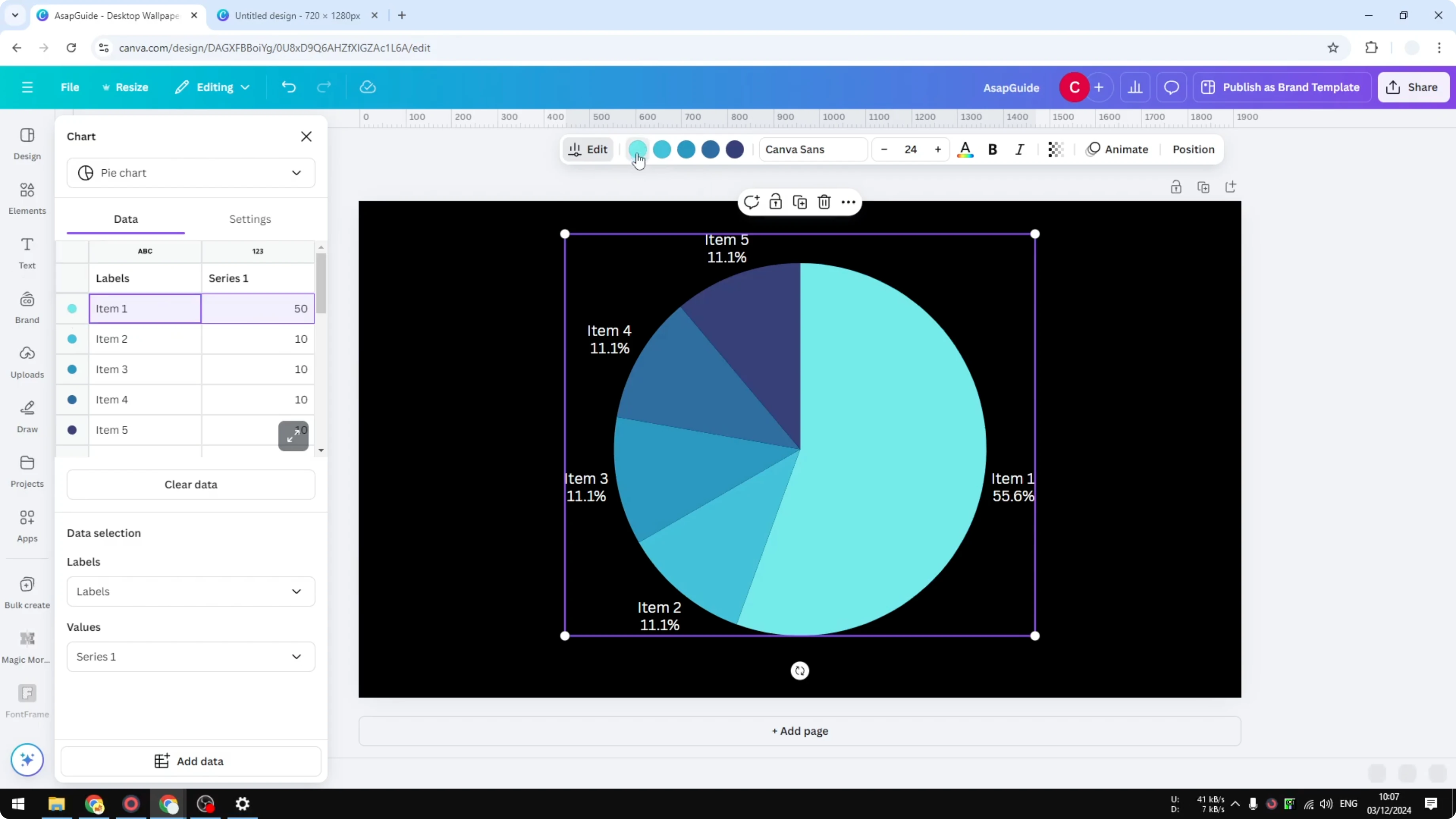 Screenshot from How to Create a Pie Chart in Canva at 78s
