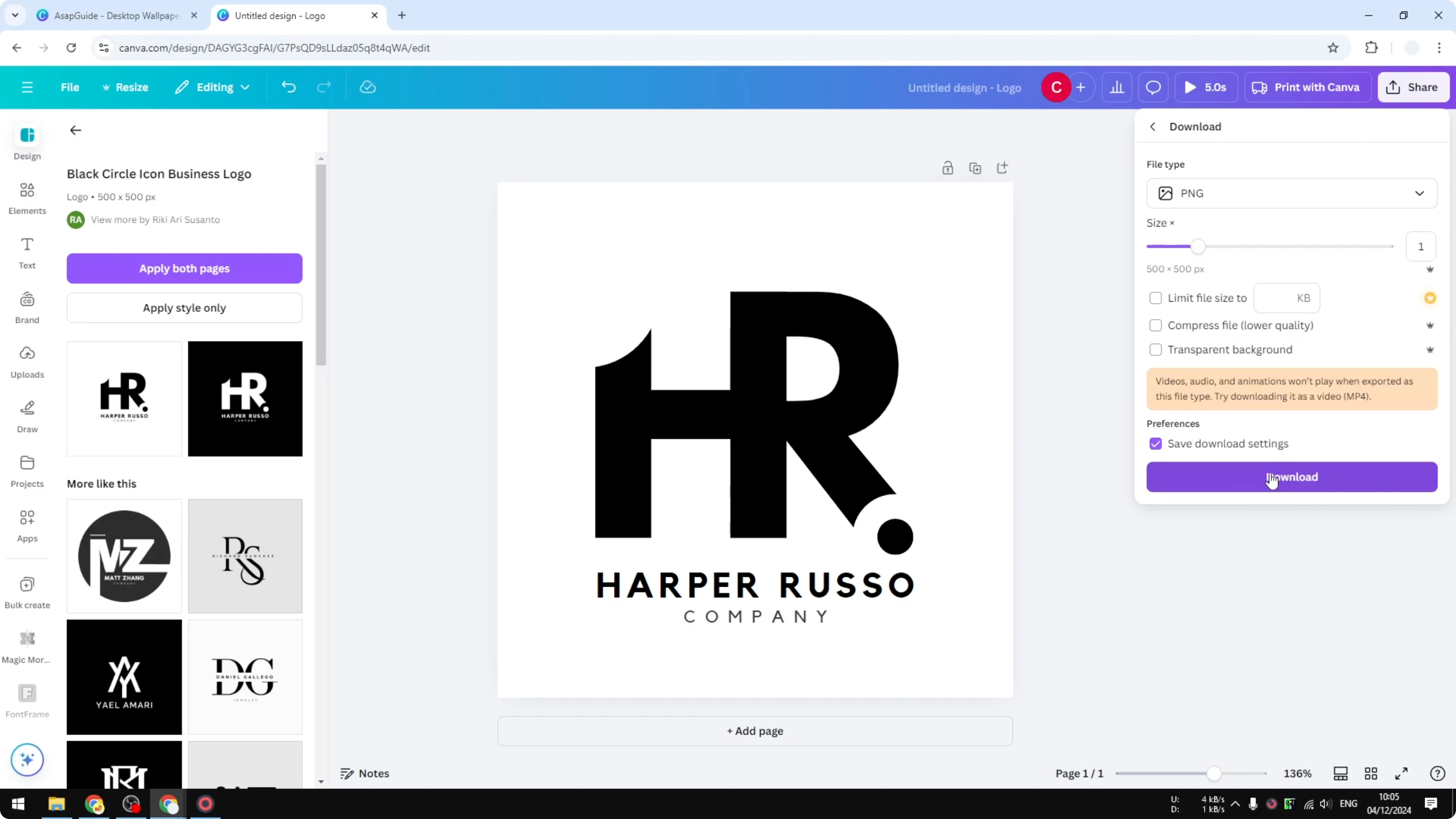 Screenshot from How to Create a PNG Transparent Logo in Canva at 125s