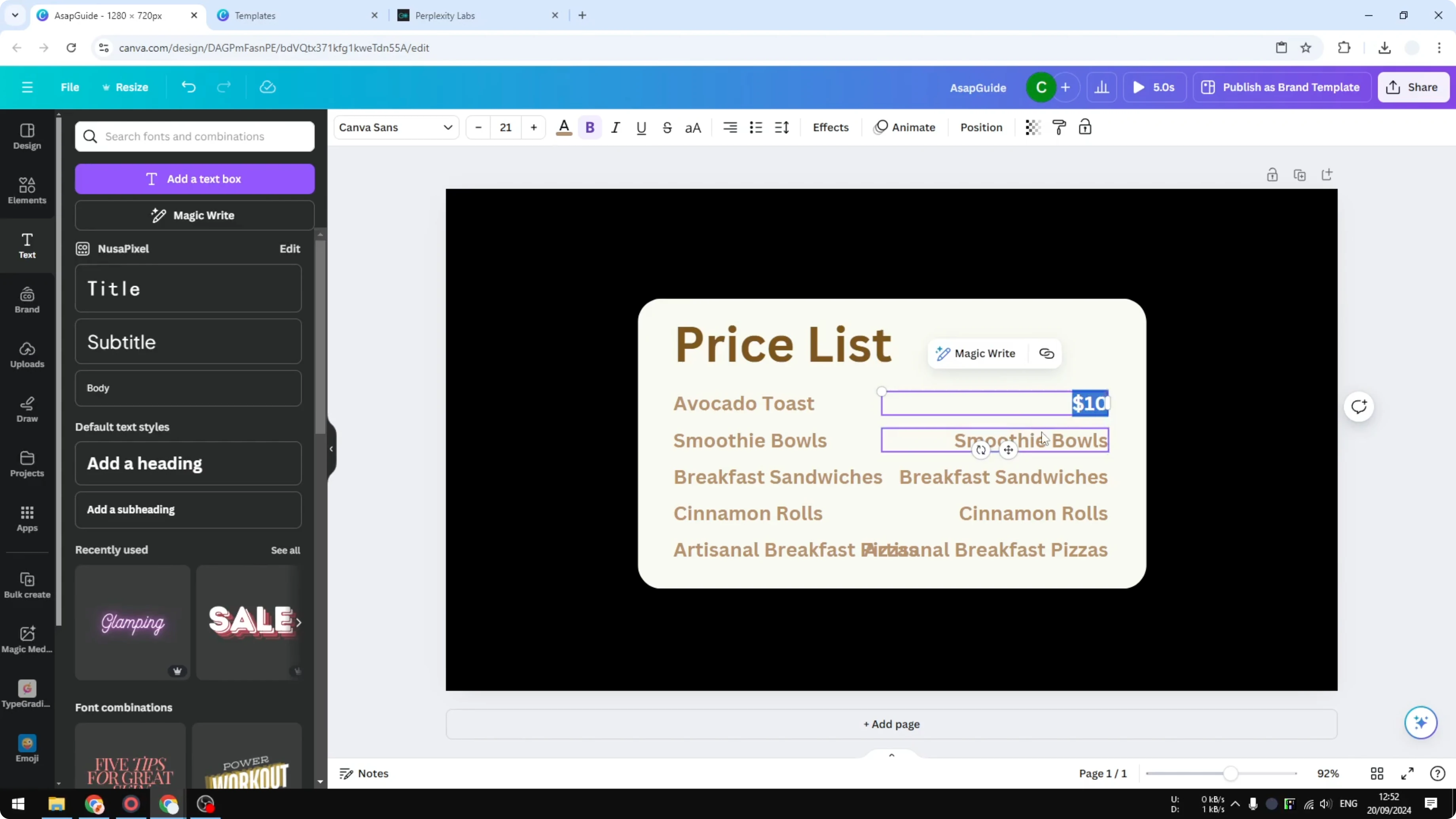 Screenshot from How to Create a Simple Price List in Canva at 297s
