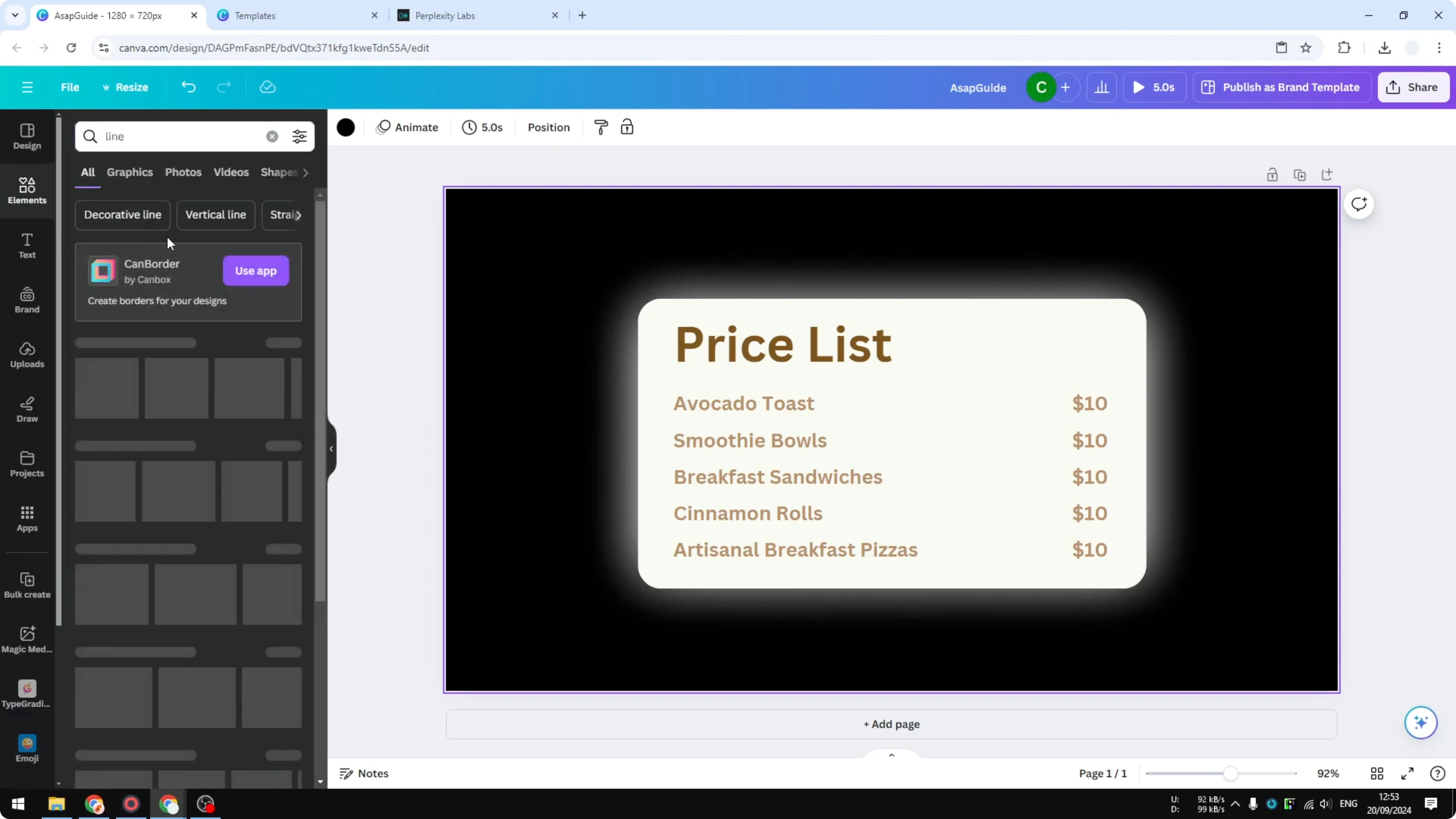 Screenshot from How to Create a Simple Price List in Canva at 365s