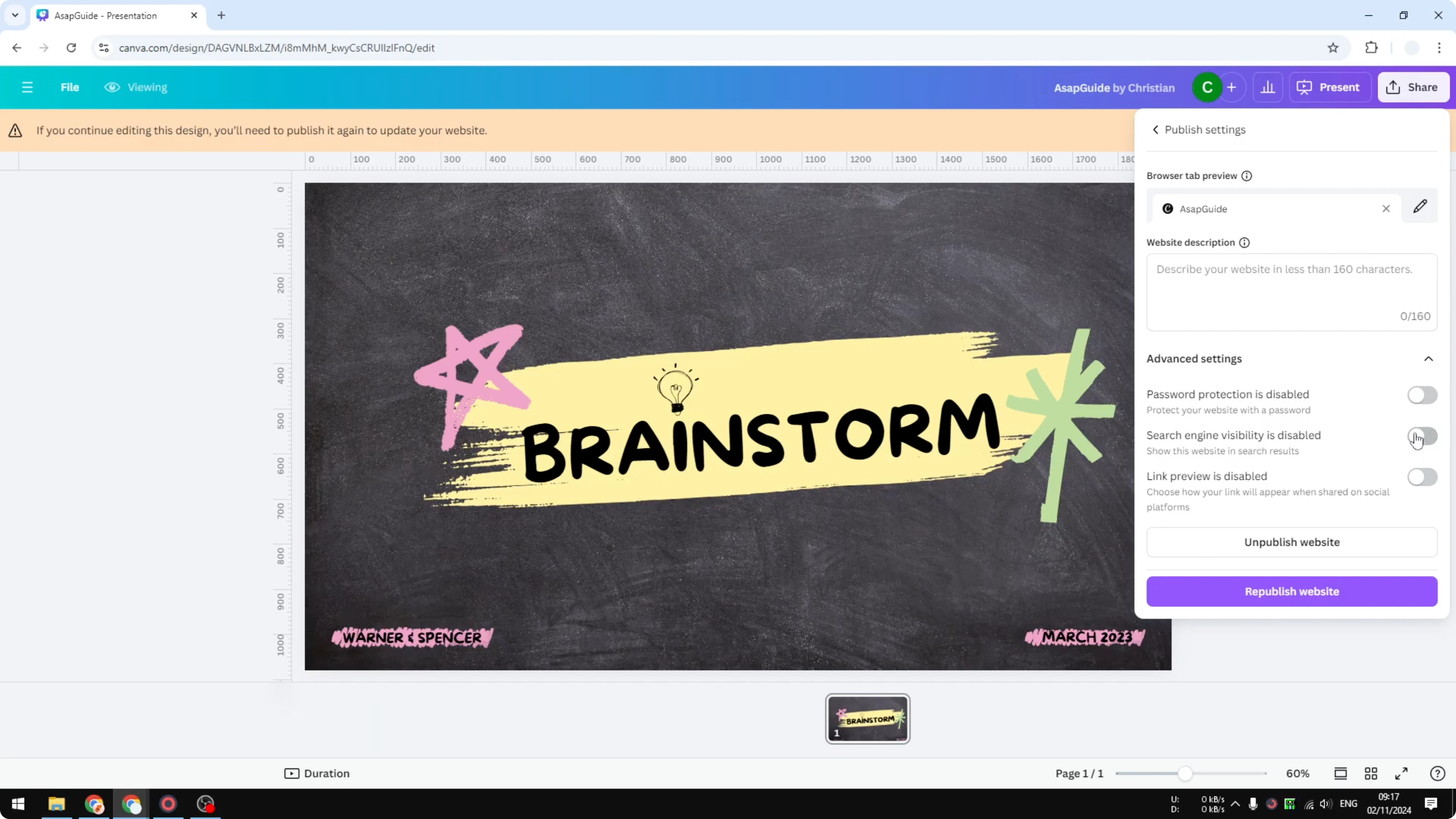 Screenshot from How to Hide Your Canva Website From Search Engines at 58s