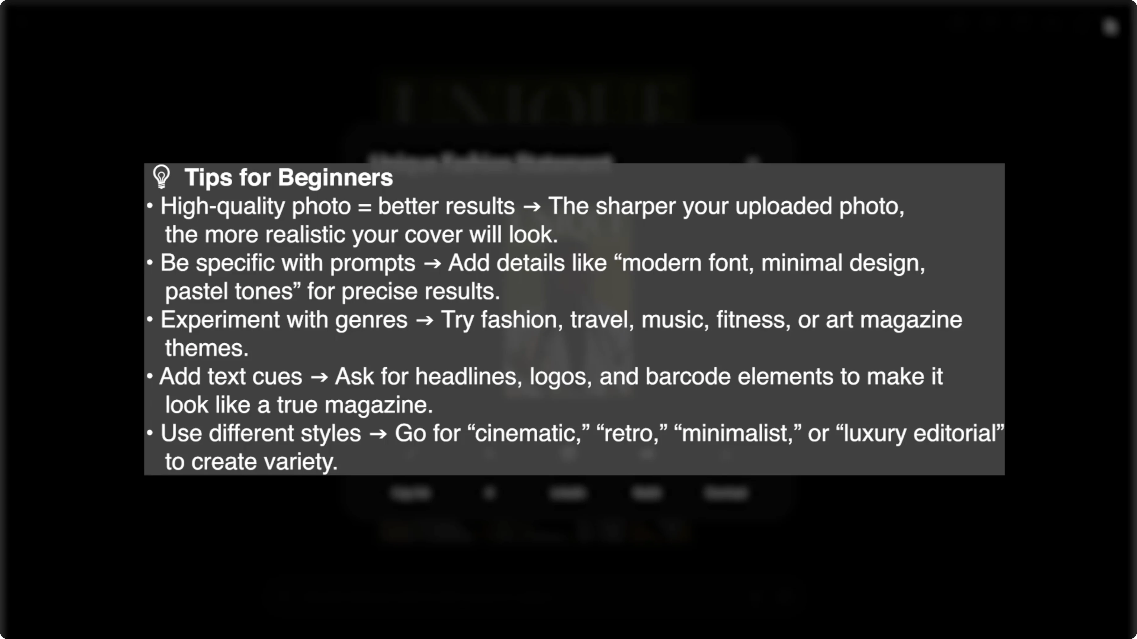 Screenshot from How to Turn Your Photos into Professional Magazine Covers with AI? at 129s
