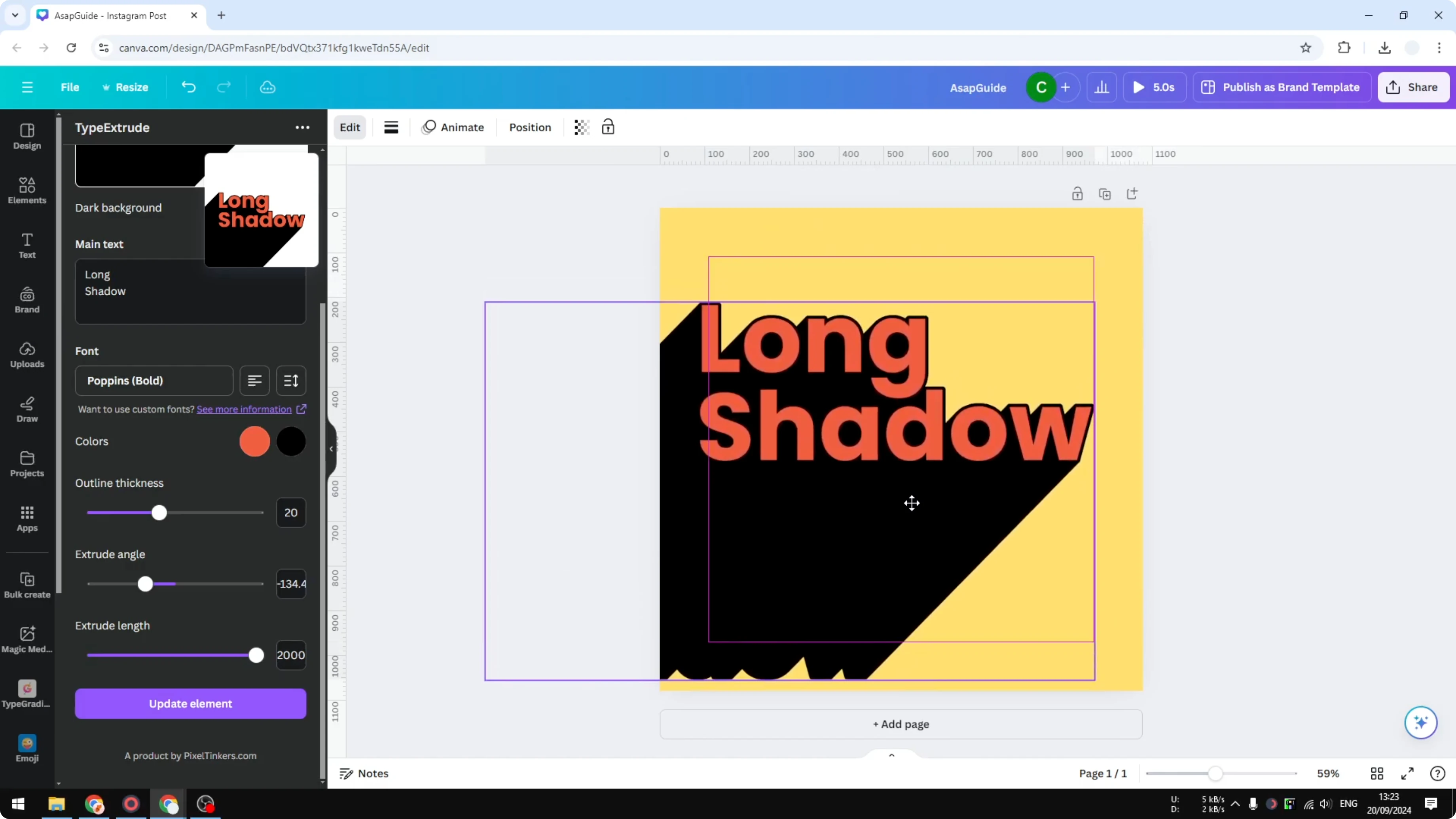Screenshot from How to Create a Long Shadow Text Effect in Canva at 130s