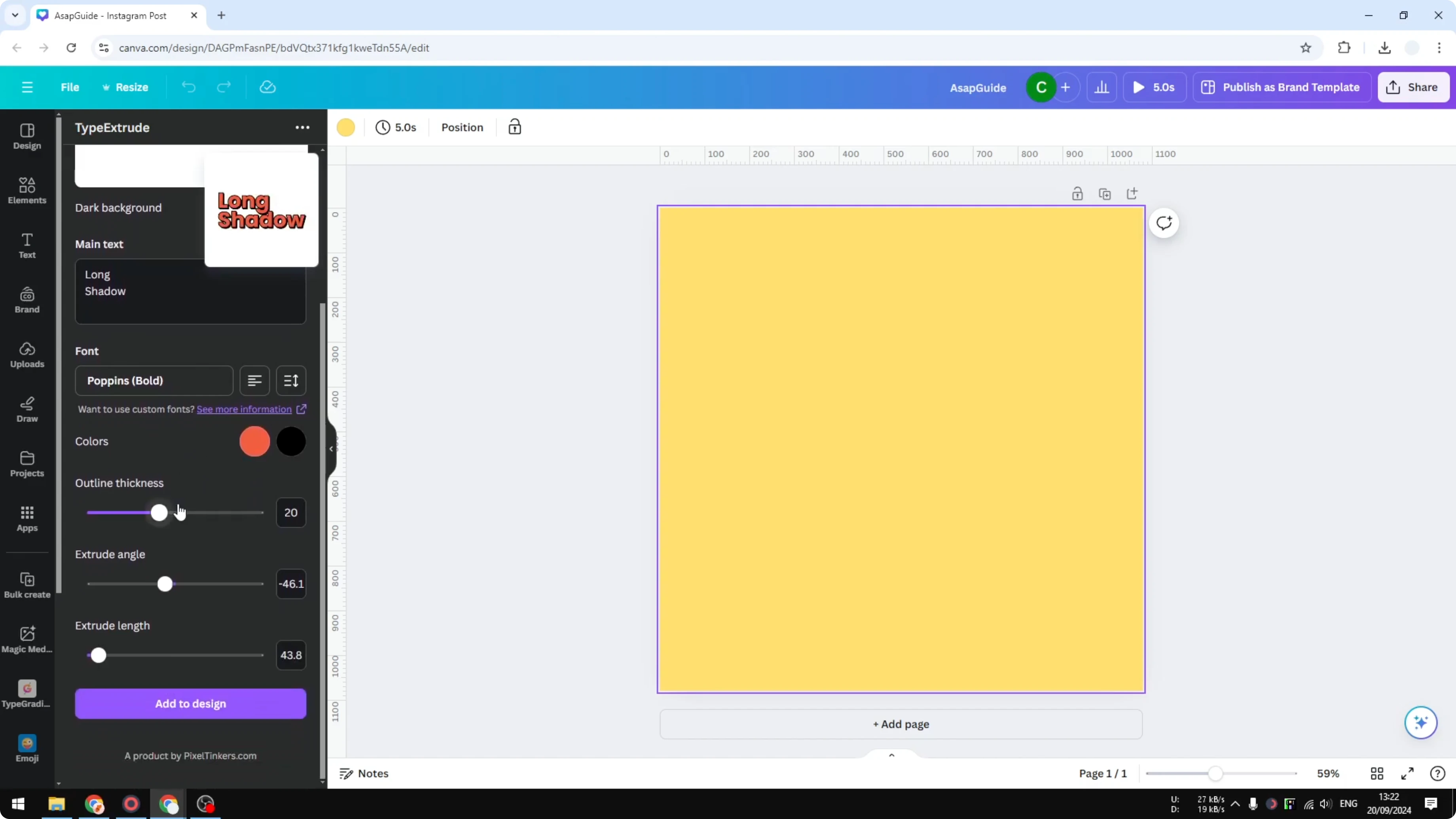Screenshot from How to Create a Long Shadow Text Effect in Canva at 73s
