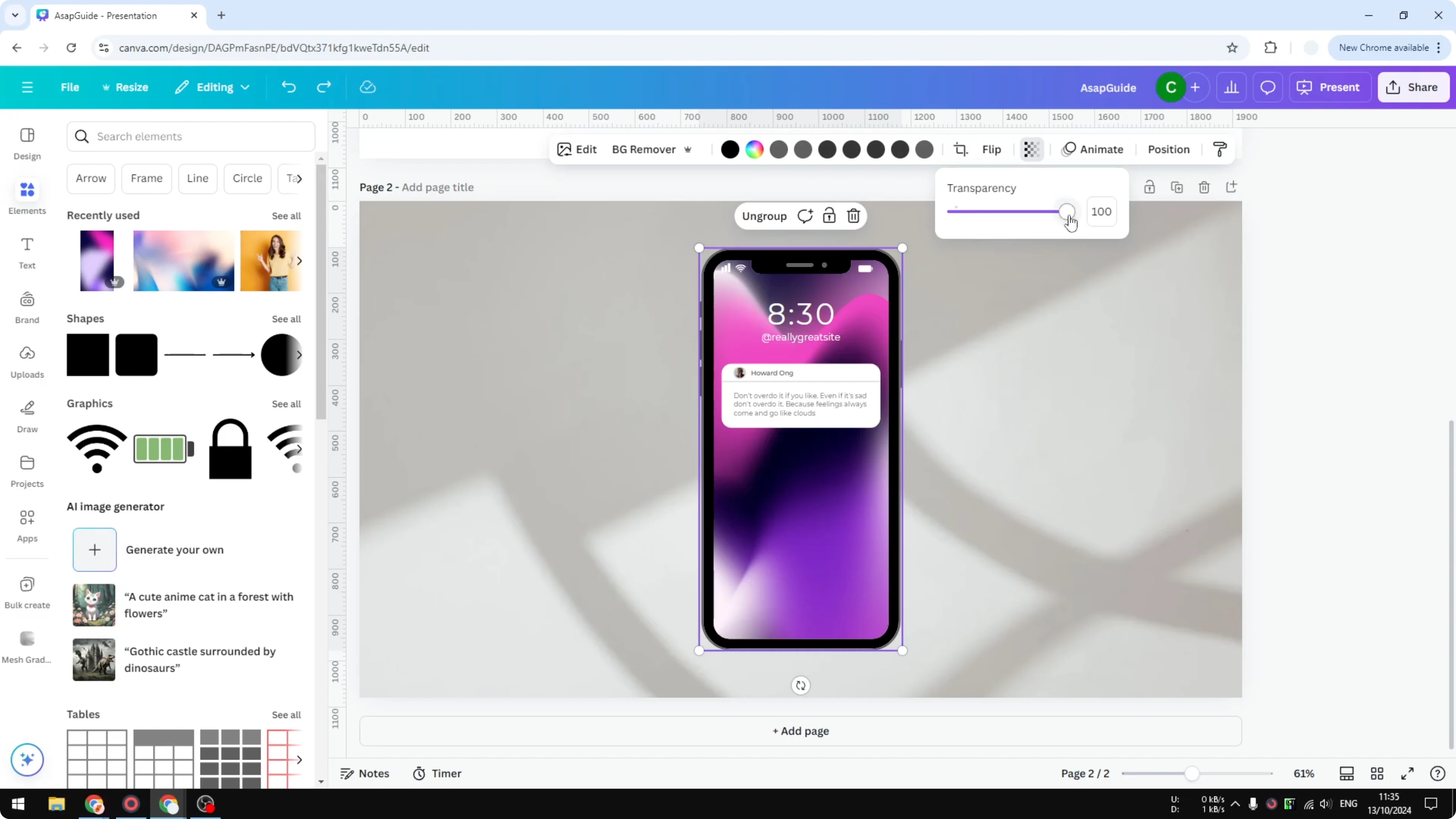 Screenshot from How to Make an Element Translucent in Canva at 108s