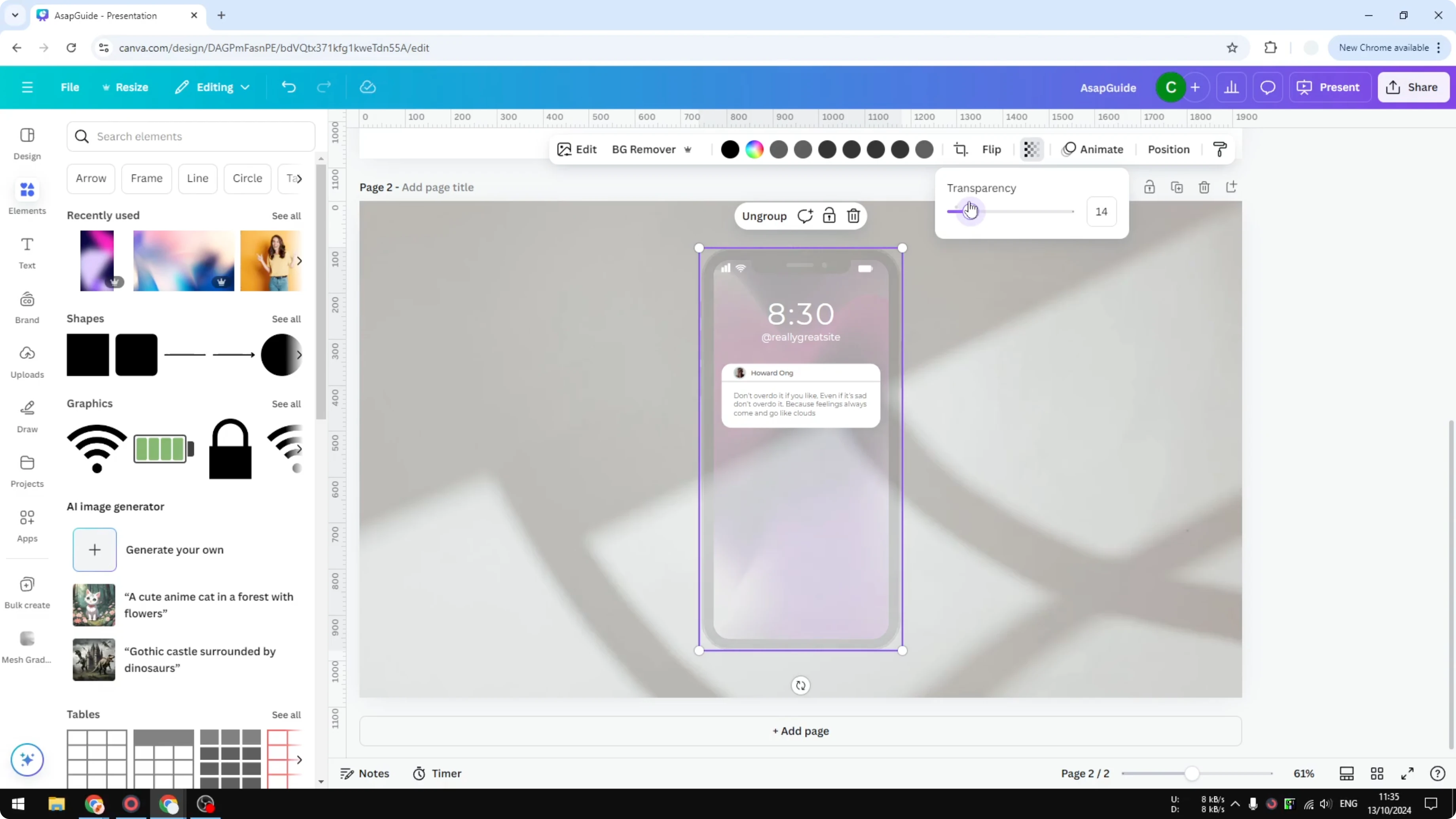 Screenshot from How to Make an Element Translucent in Canva at 113s