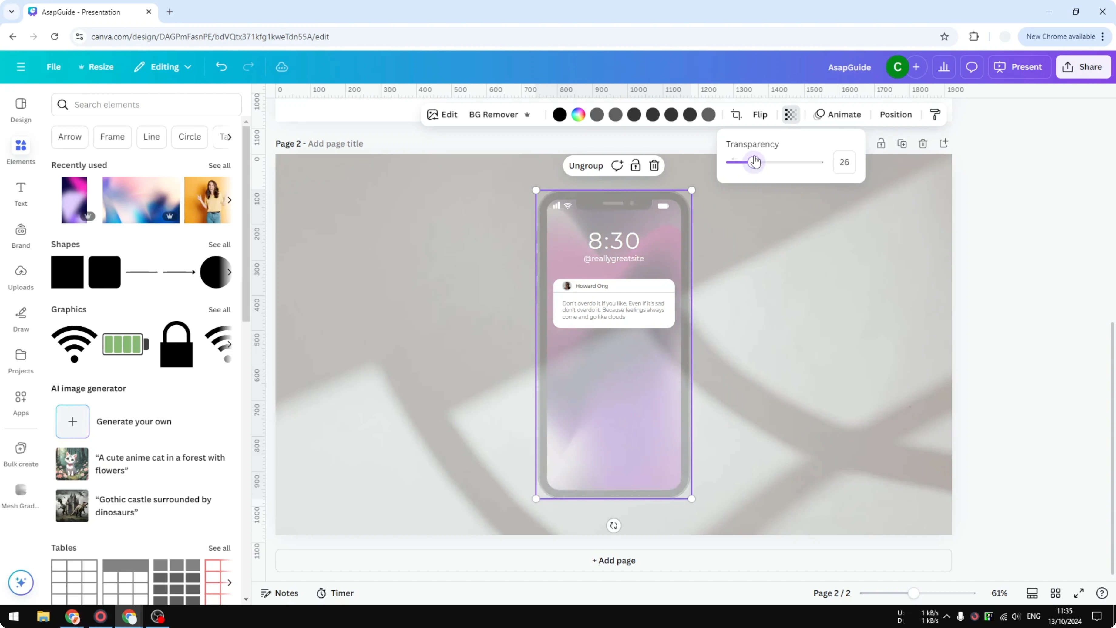 Screenshot from How to Make an Element Translucent in Canva at 131s