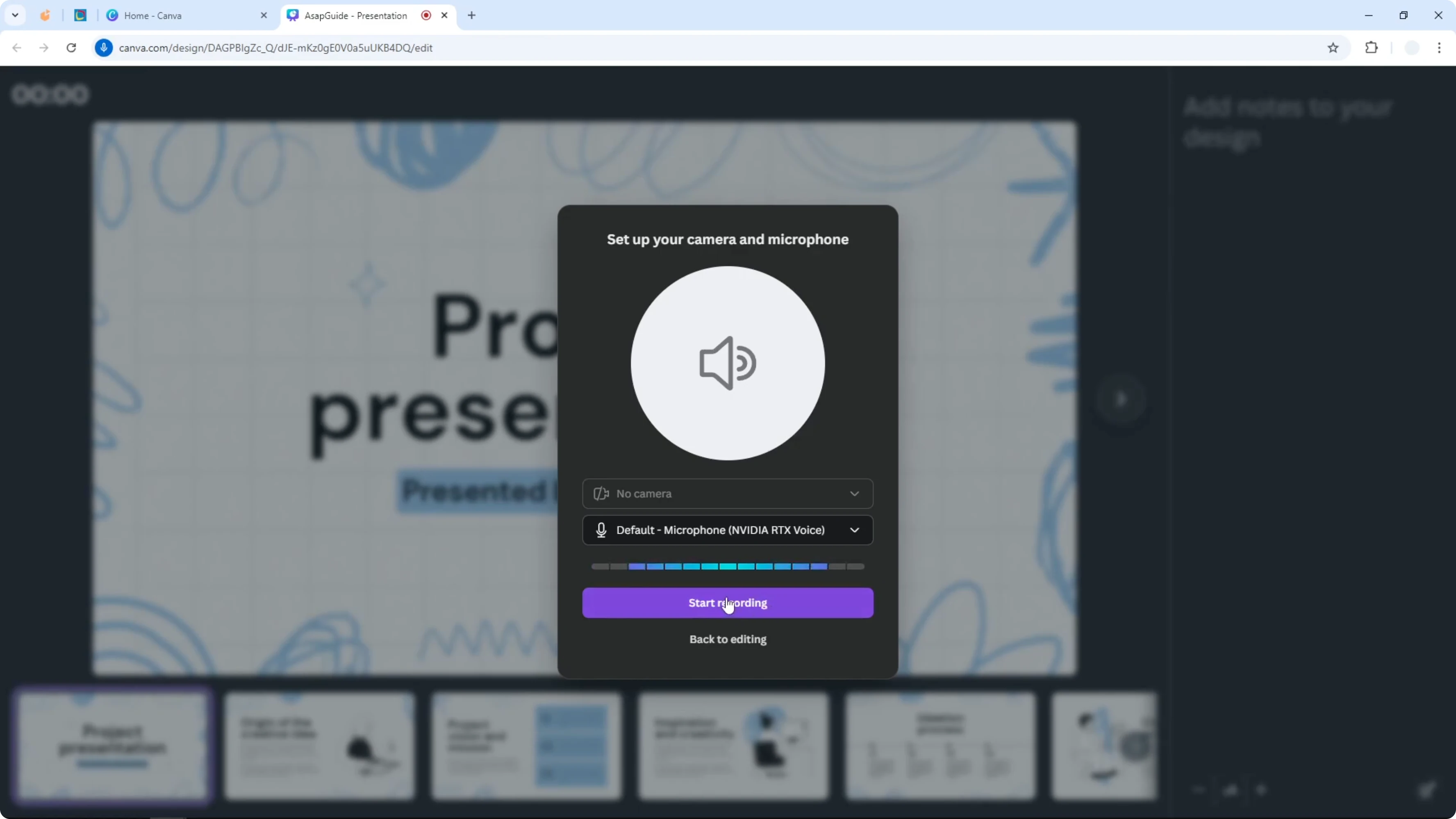 Screenshot from How to Record on Canva Presentation at 85s
