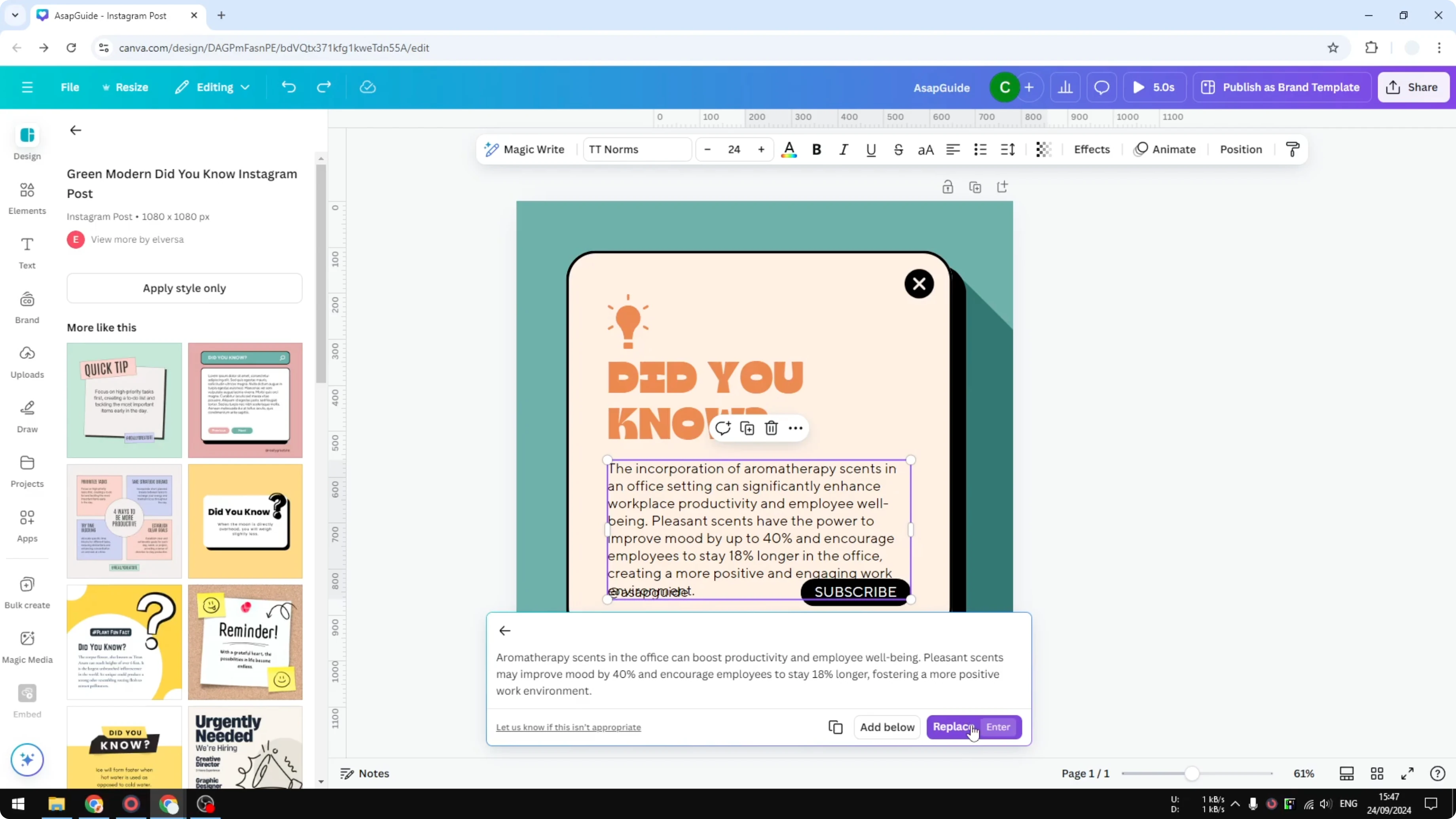 Screenshot from How to Use Rewrite Text Using AI in Canva at 78s