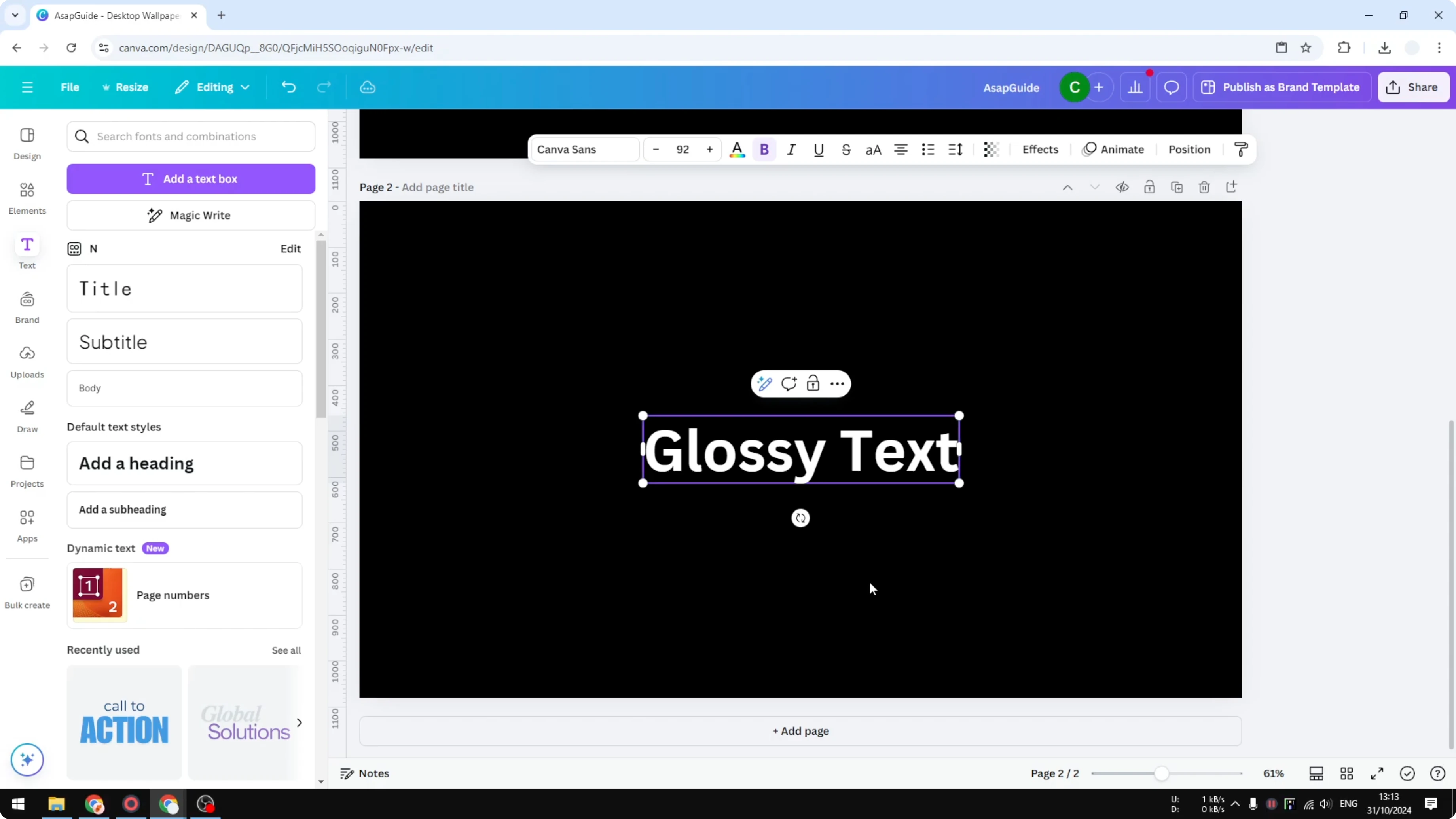 Screenshot from How to Create a Simple Glossy Text Effect in Canva at 33s