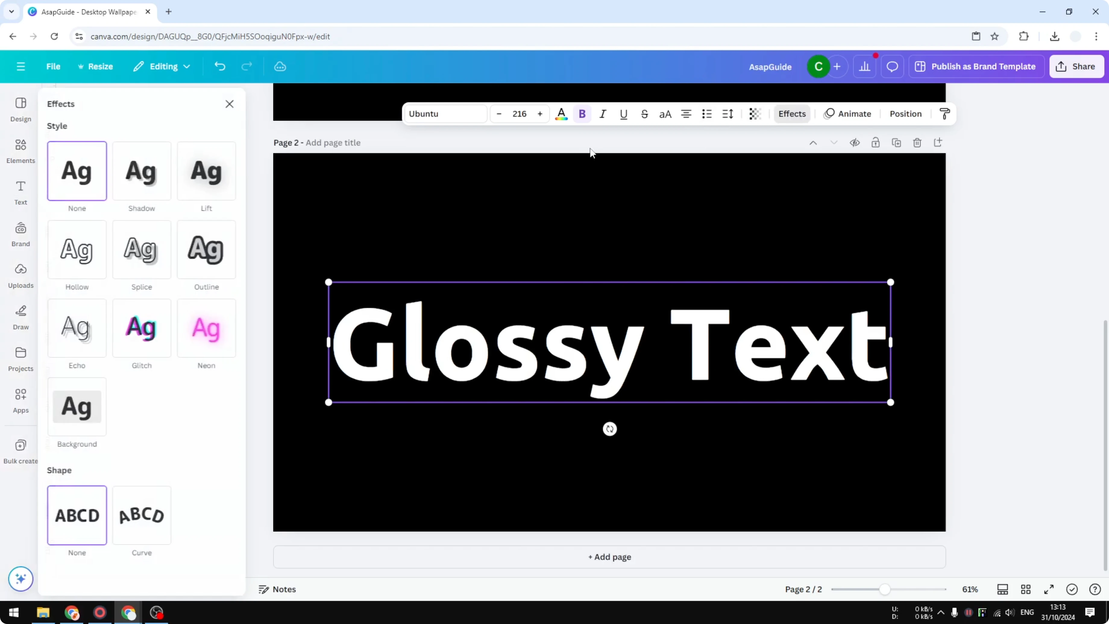 Screenshot from How to Create a Simple Glossy Text Effect in Canva at 47s