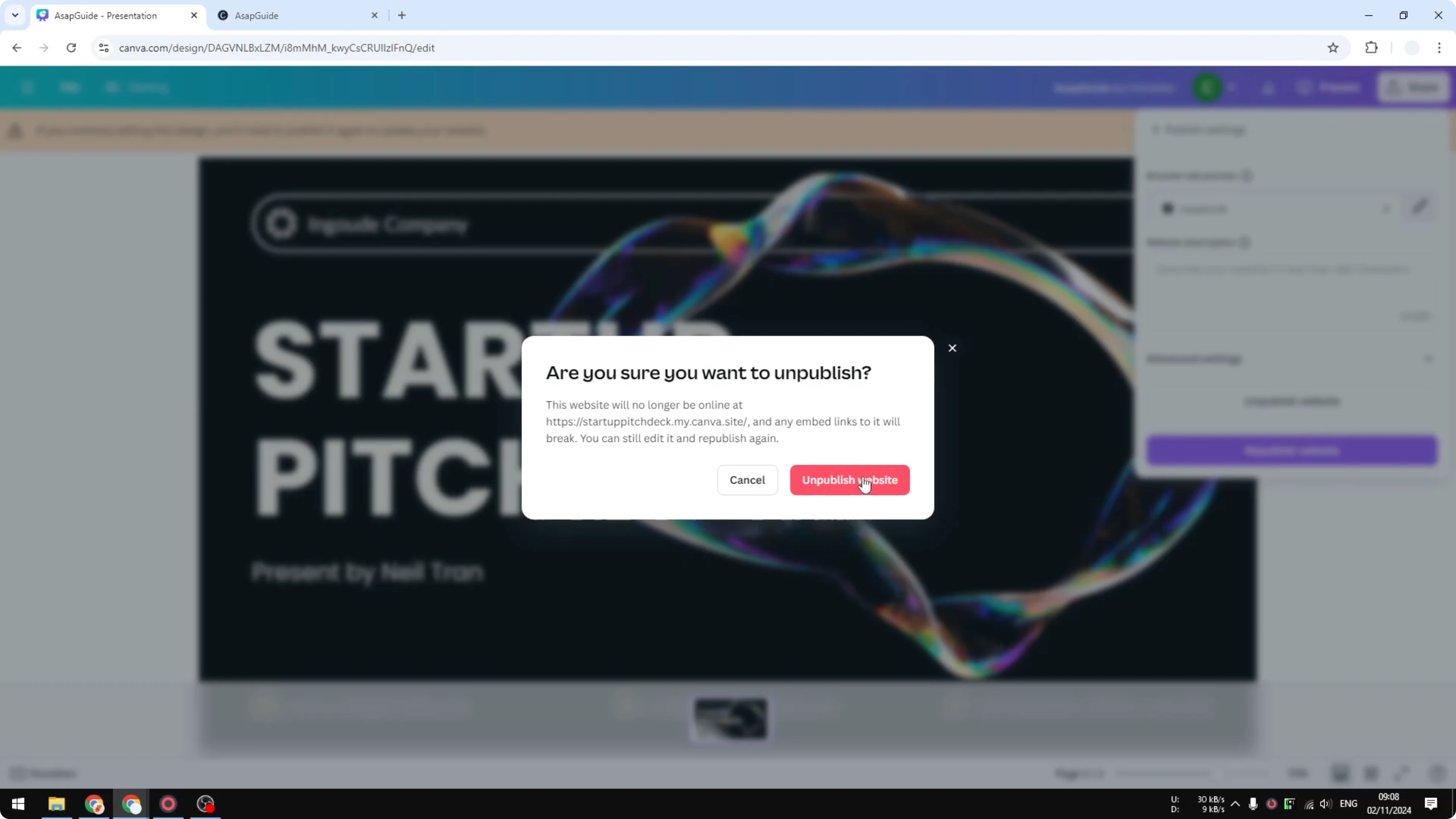 Screenshot from How to Unpublish Your Canva Website at 37s